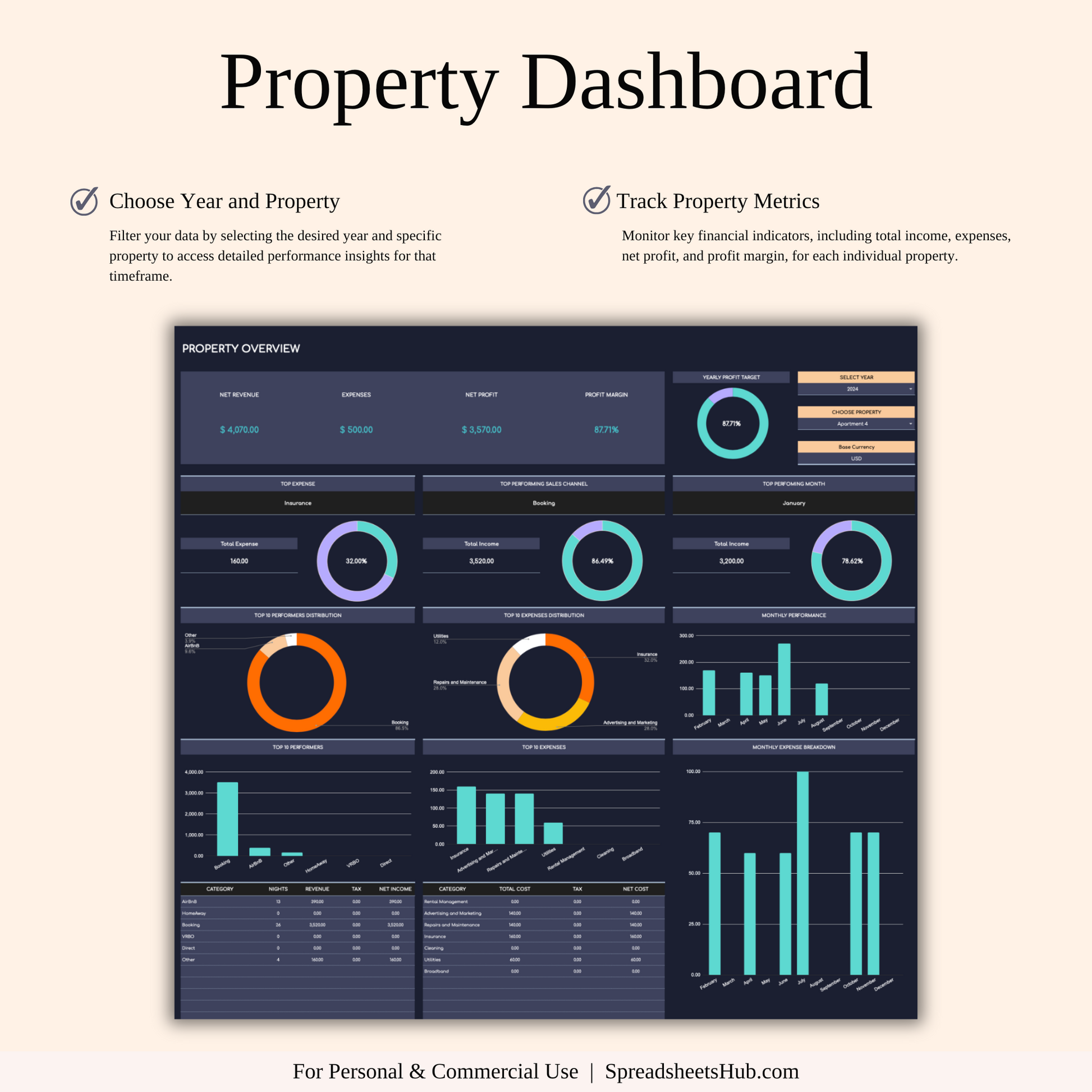 PLR - Rental Property Accounting & Bookkeeping Spreadsheet (Dark Theme) Keyzai