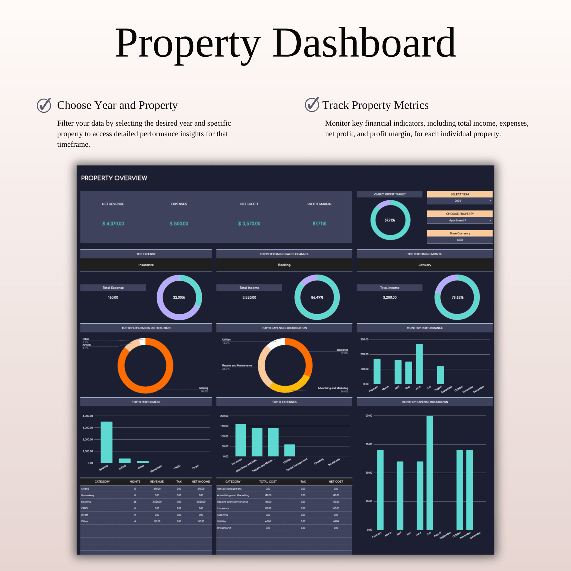 Rental Property Accounting & Bookkeeping Spreadsheet (Dark Theme) Keyzai