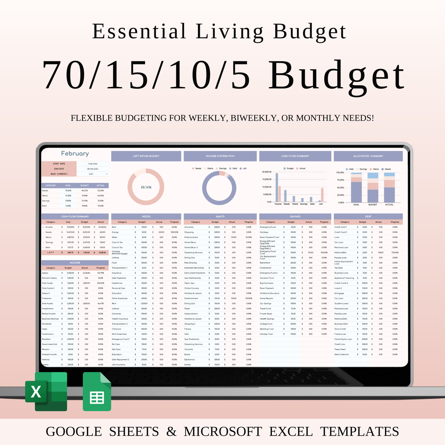 70/15/10/5 Budget Spreadsheet Template | Excel & Google Sheets Keyzai