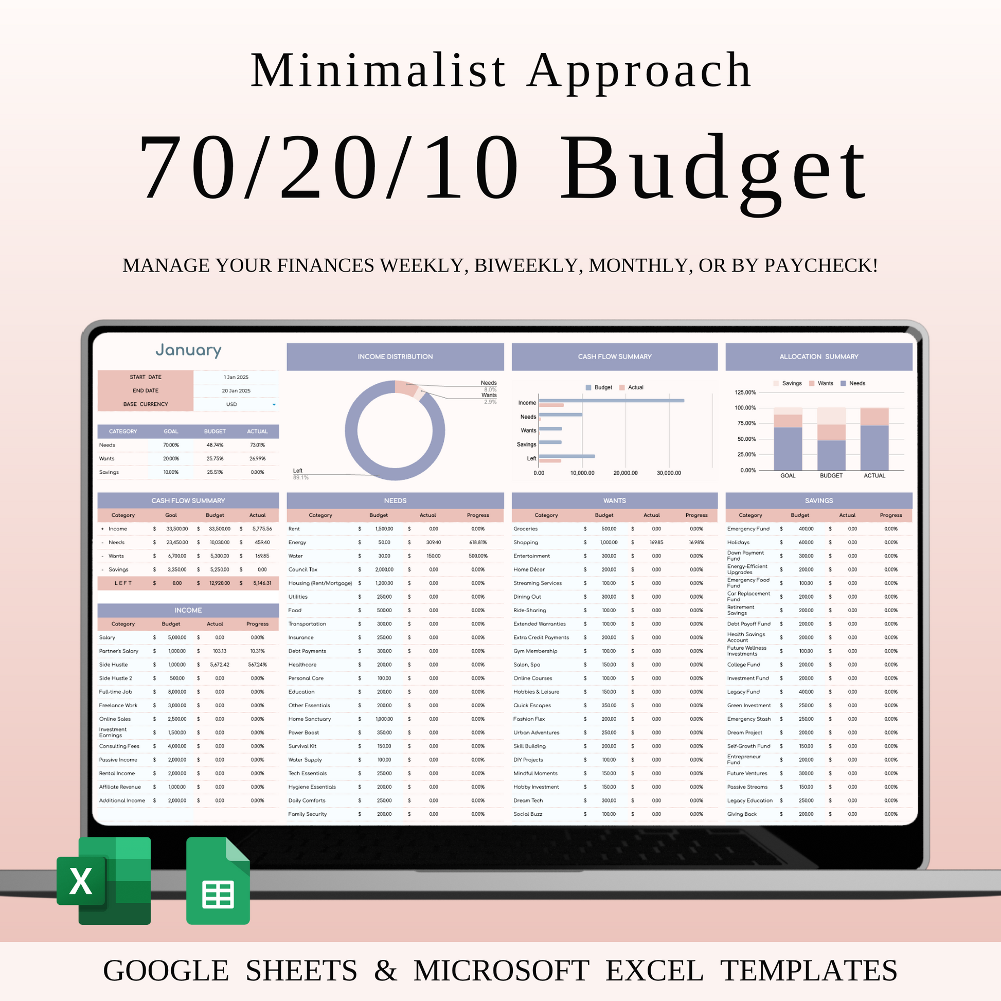 70/20/10 Budget Spreadsheet Template | Excel & Google Sheets Keyzai