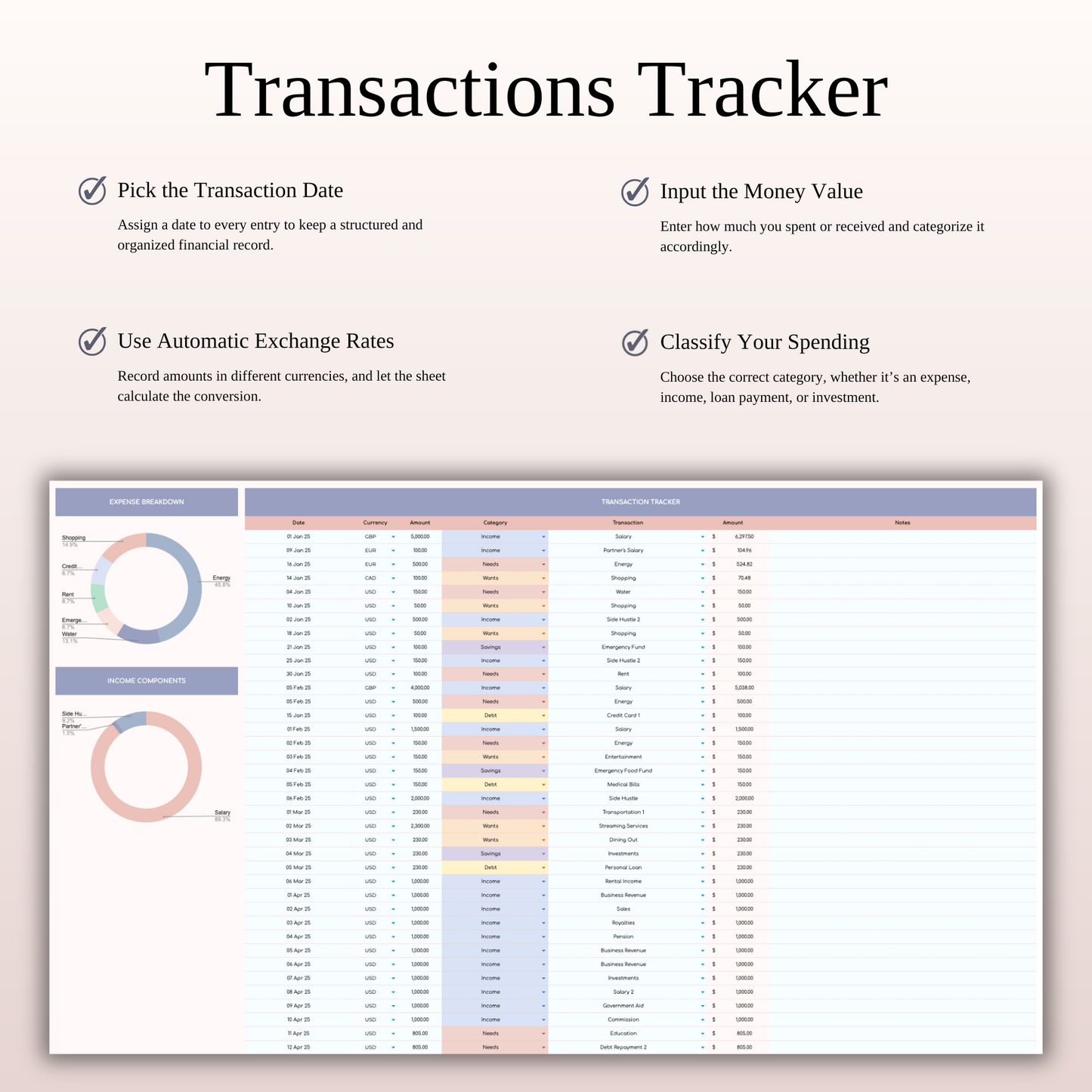 45/30/20/5 Budget Spreadsheet Template | Excel & Google Sheets Keyzai