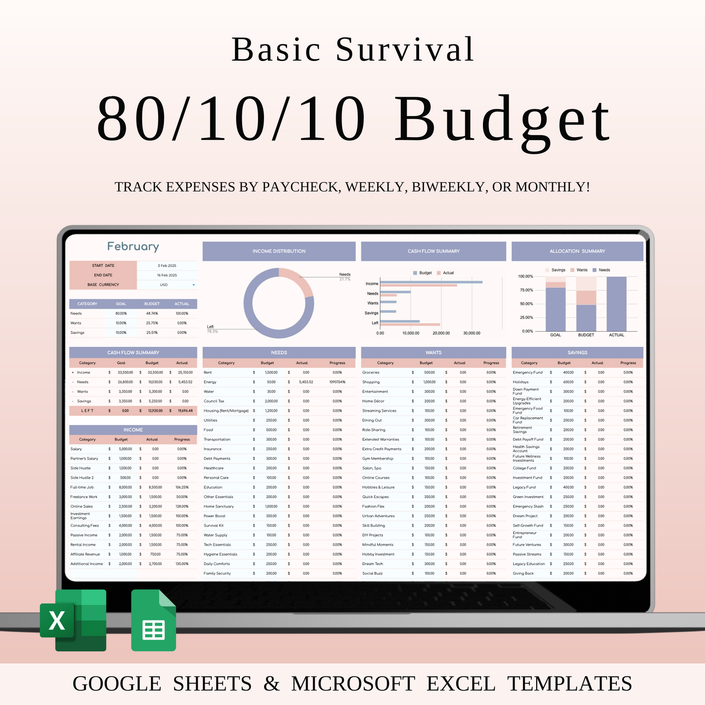 80/10/10 Budget Spreadsheet Template | Excel & Google Sheets Keyzai