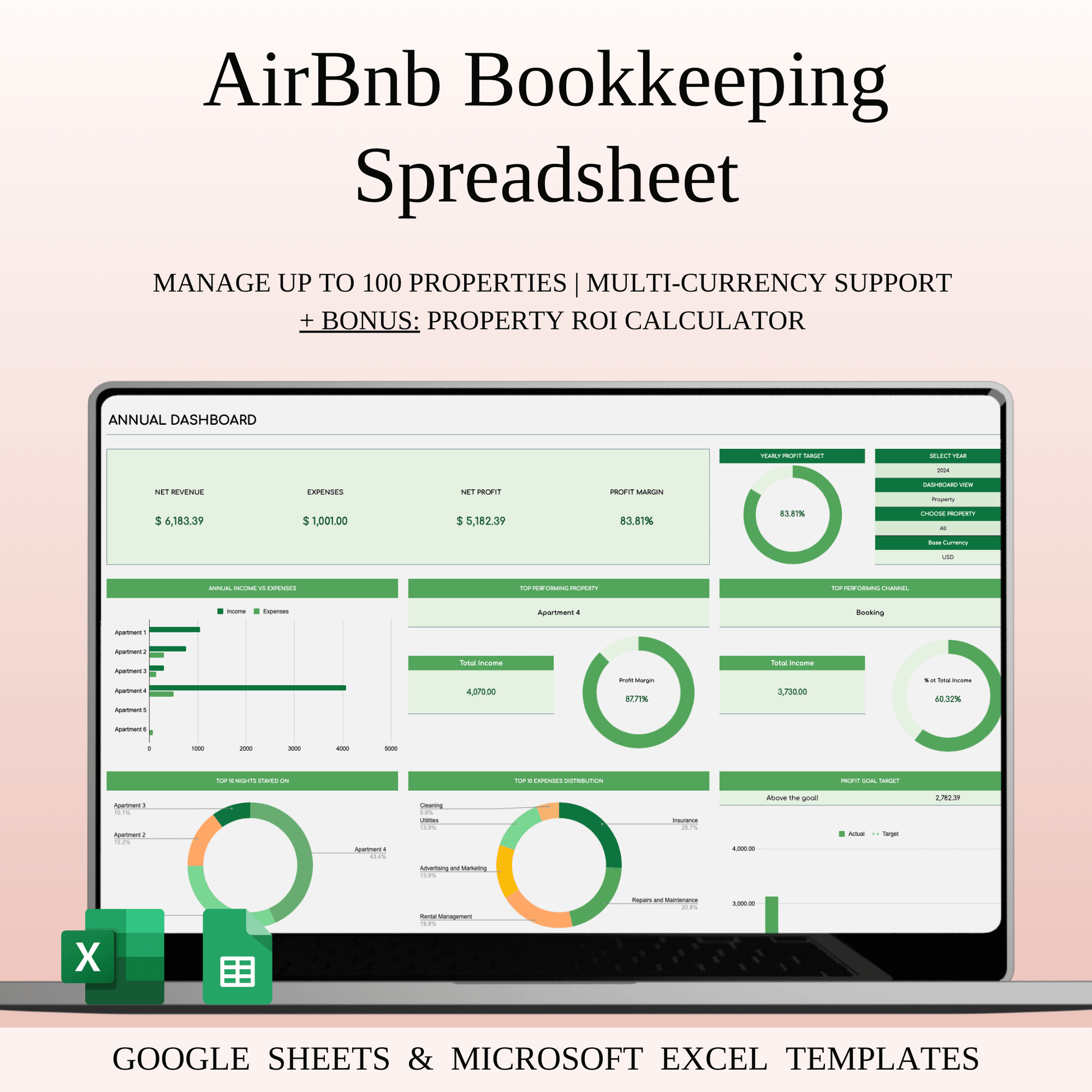 Airbnb Bookkeeping Spreadsheet Template (Green Theme) Keyzai