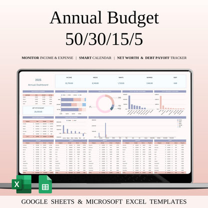 Annual 50/30/15/5 Budget Spreadsheet Template in Excel & Google Sheets Keyzai