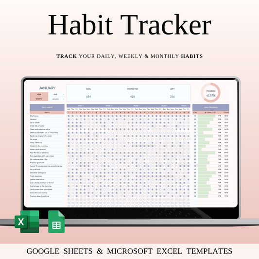 Habit Tracker Spreadsheet for Google Sheets & Excel