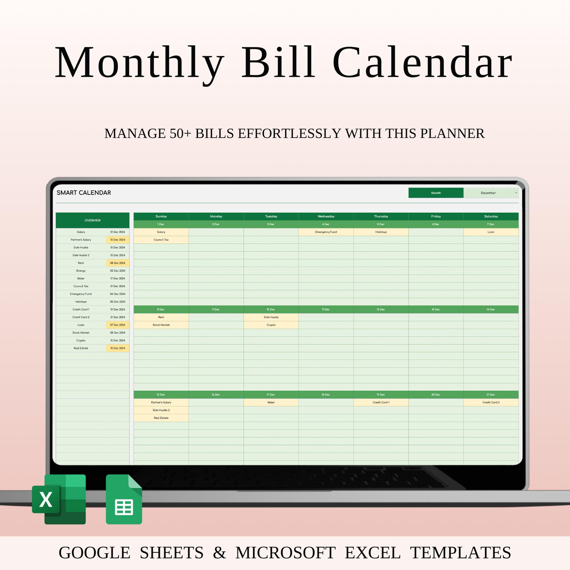 Monthly Bill Calendar Spreadsheet Template (Green Theme) Keyzai