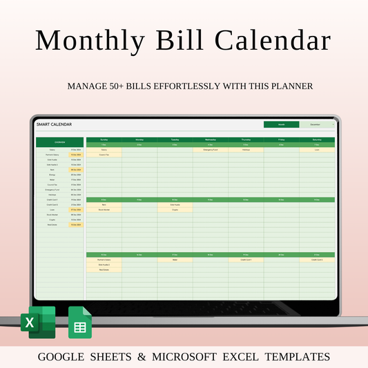 Monthly Bill Calendar Spreadsheet Template (Green Theme) Keyzai