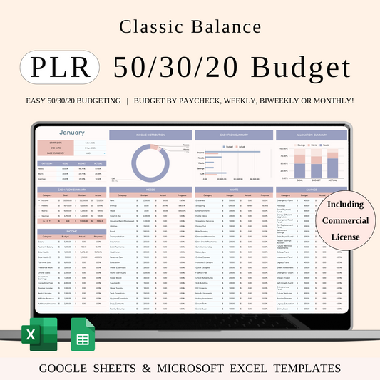PLR - 50/30/20 Budget Spreadsheet Template