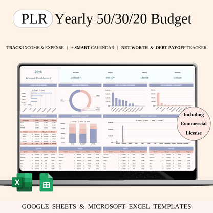 PLR - Annual 50/30/20 Budget Spreadsheet Template Keyzai