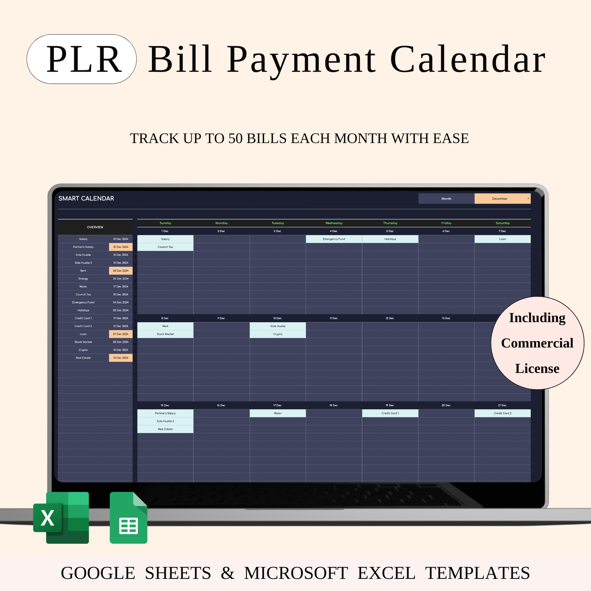 PLR - Bill Payment Calendar Template (Dark Theme) Keyzai