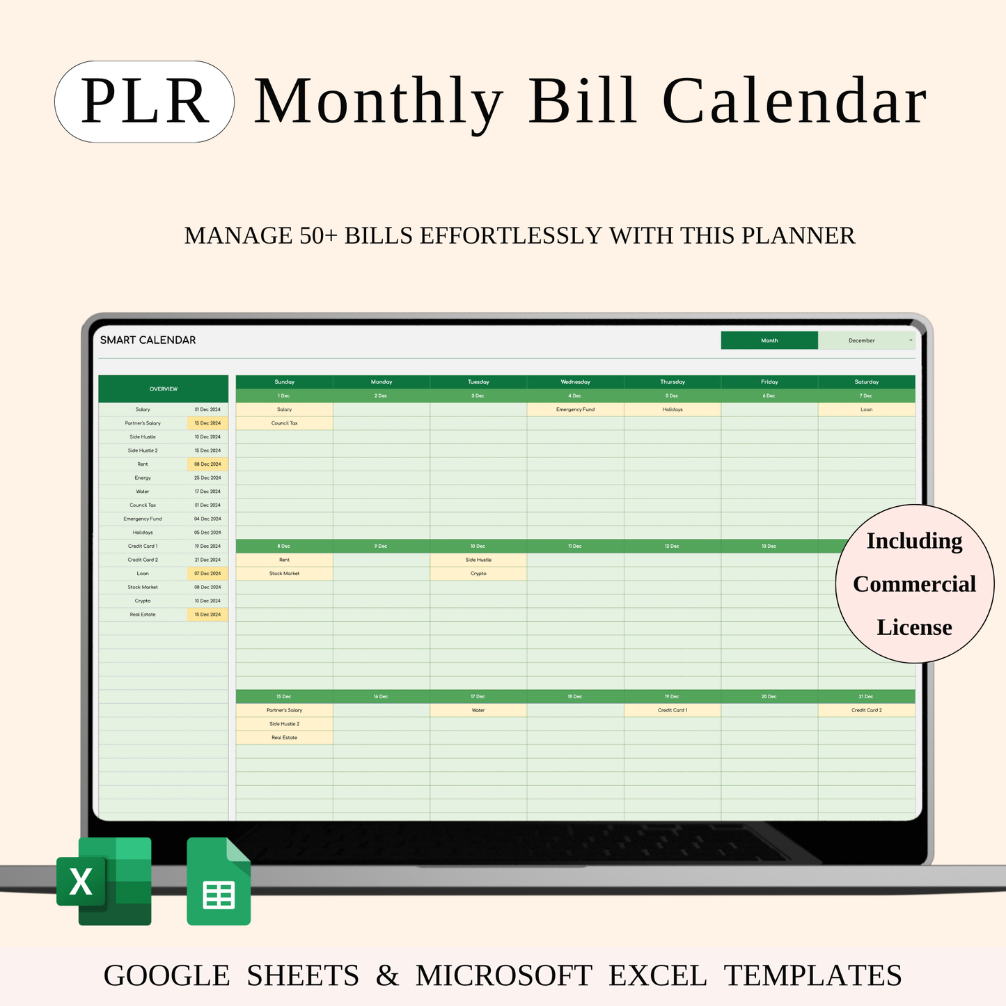 PLR - Monthly Bill Calendar Spreadsheet Template (Green Theme) Keyzai