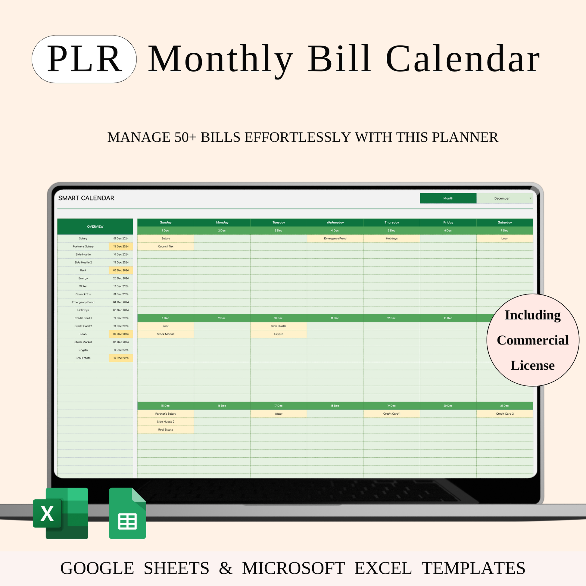 PLR - Monthly Bill Calendar Spreadsheet Template (Green Theme) Keyzai