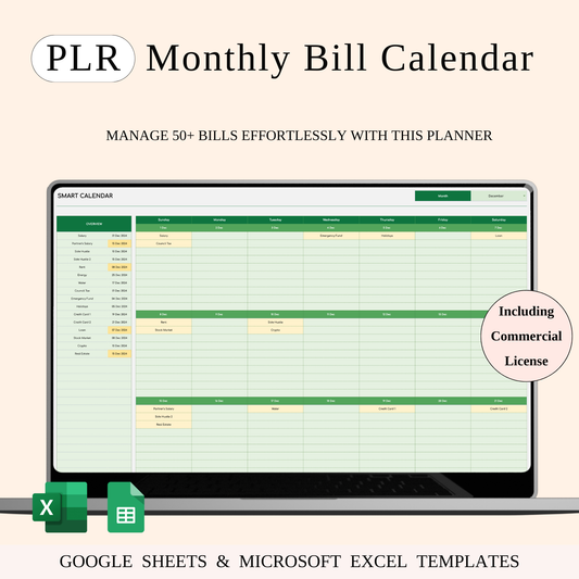 PLR - Monthly Bill Calendar Spreadsheet Template (Green Theme) Keyzai
