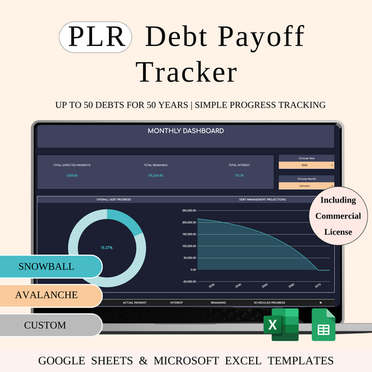 PLR - Debt Payoff Tracker | Excel & Google Sheets (Dark Theme) Keyzai