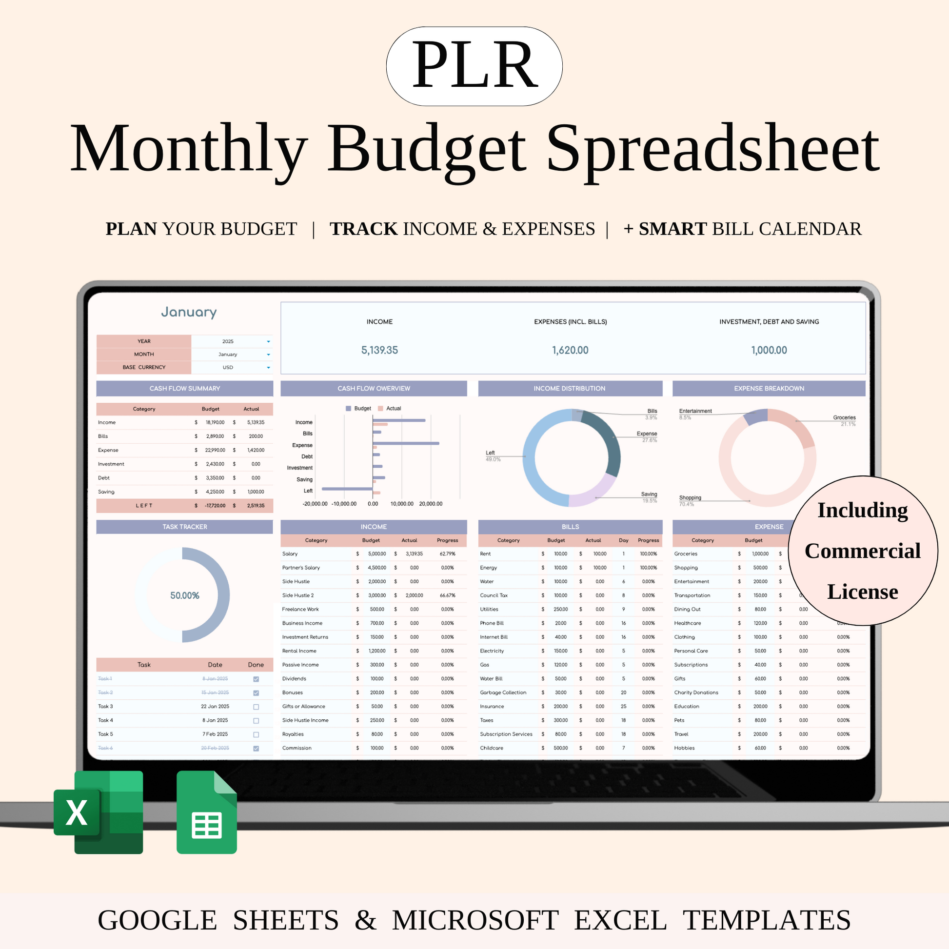PLR - Monthly Budget Spreadsheet Template Keyzai
