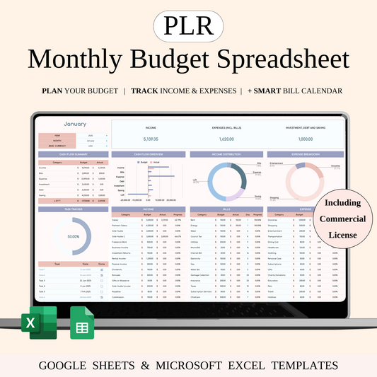 PLR - Monthly Budget Spreadsheet Template Keyzai
