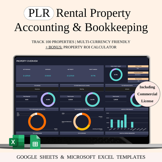 PLR - Rental Property Accounting & Bookkeeping Spreadsheet (Dark Theme) Keyzai