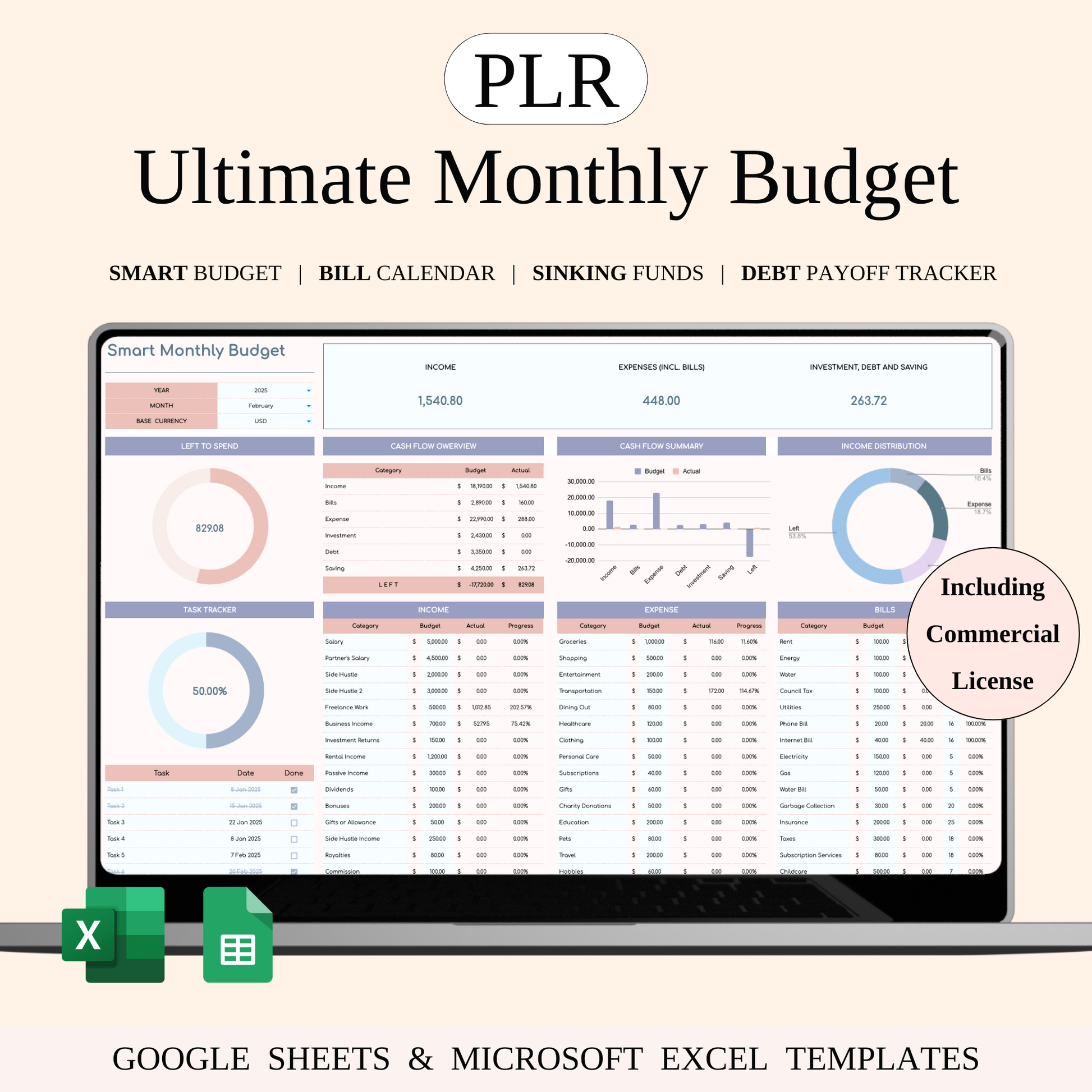 PLR - Ultimate Monthly Budget Spreadsheet Keyzai