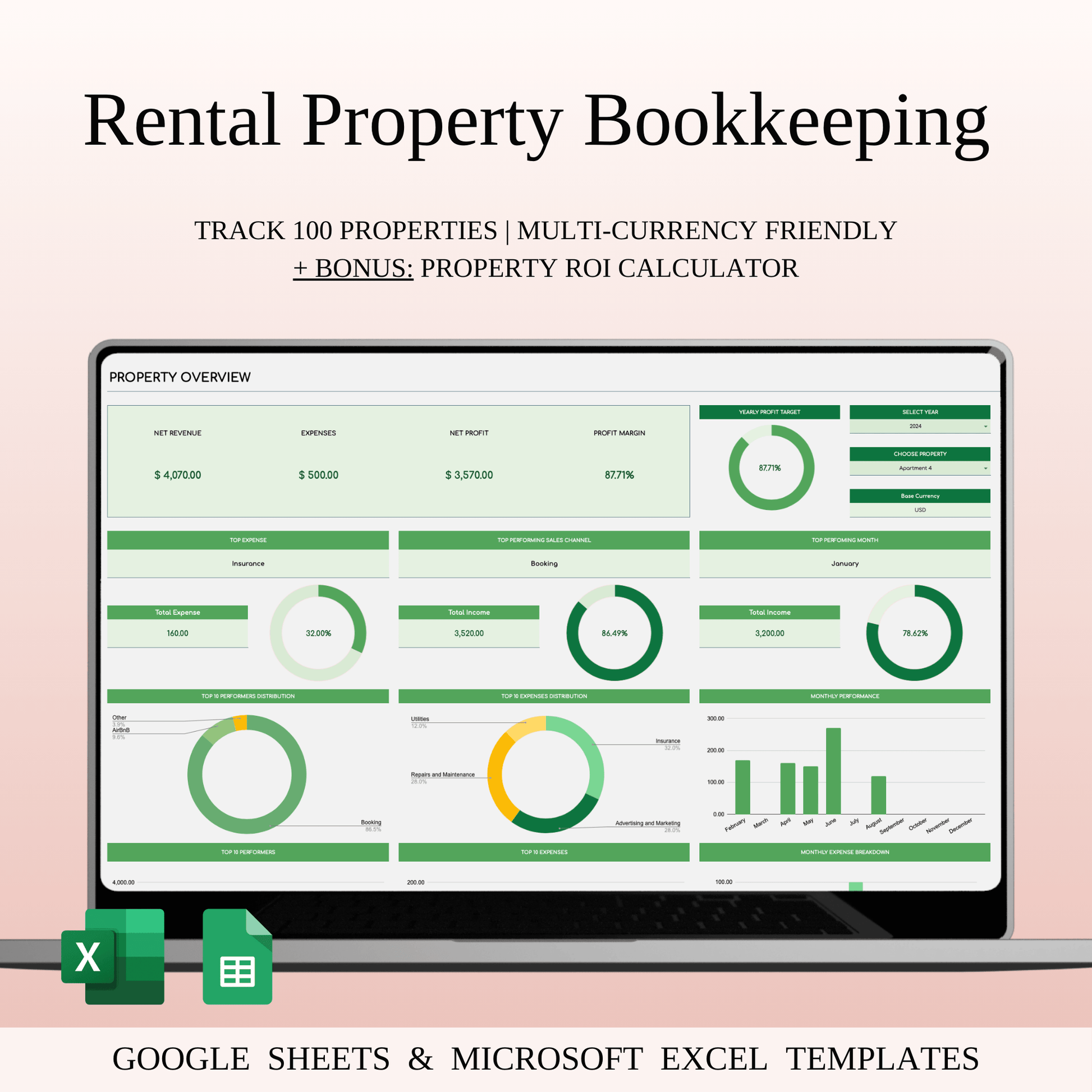 Rental Property Bookkeeping Tracker | Excel & Google Sheets Template (Green Theme) Keyzai