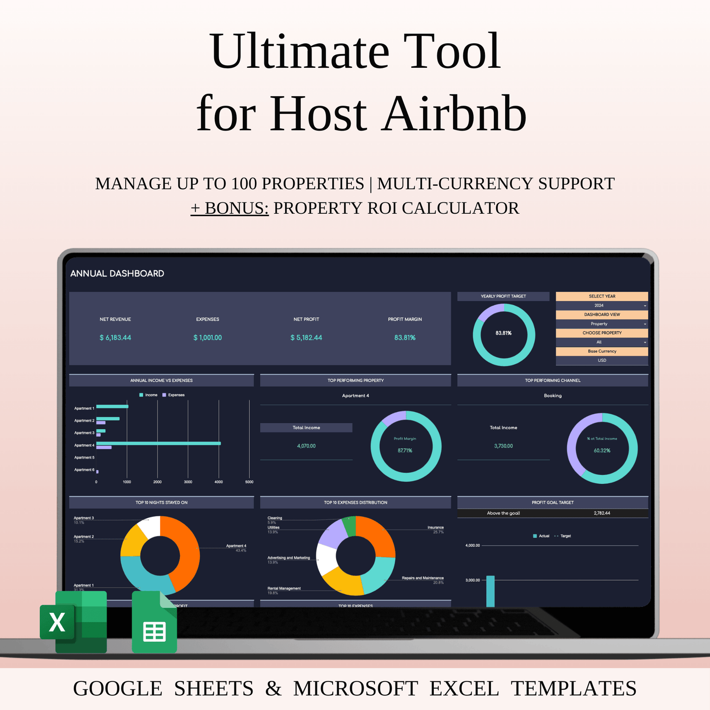 Ultimate Tool for Host Airbnb | Income & Expense Tracker Template (Dark Theme) Keyzai