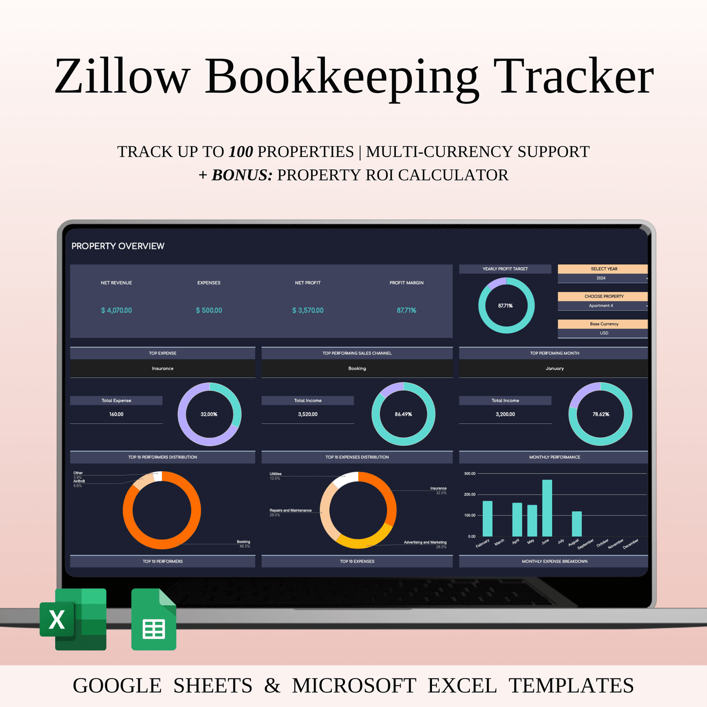 Zillow Bookkeeping Tracker | Excel & Google Sheets Template (Dark Theme) Keyzai